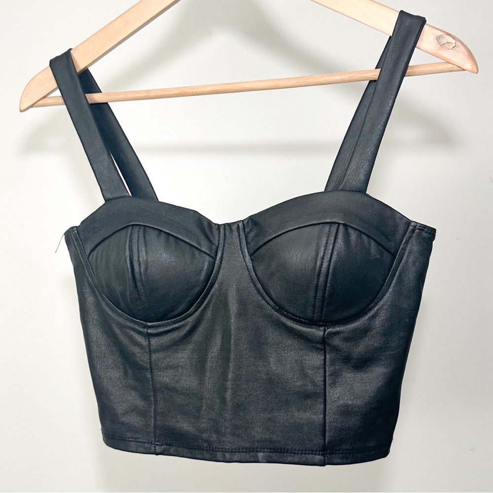Black Faux Leather Bustier Crop Top – Small